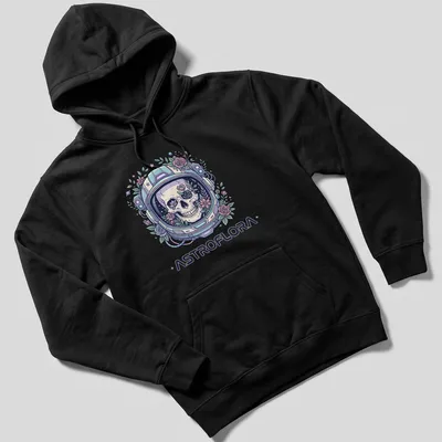 Colorful skull in a space helmet detailed with flowers and pastel colors — printed on a unisex hoodie