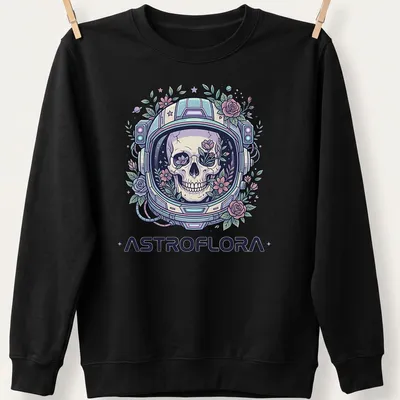 Colorful skull in a space helmet detailed with flowers and pastel colors — printed on a unisex sweatshirt