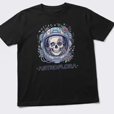 Colorful skull in a space helmet detailed with flowers and pastel colors