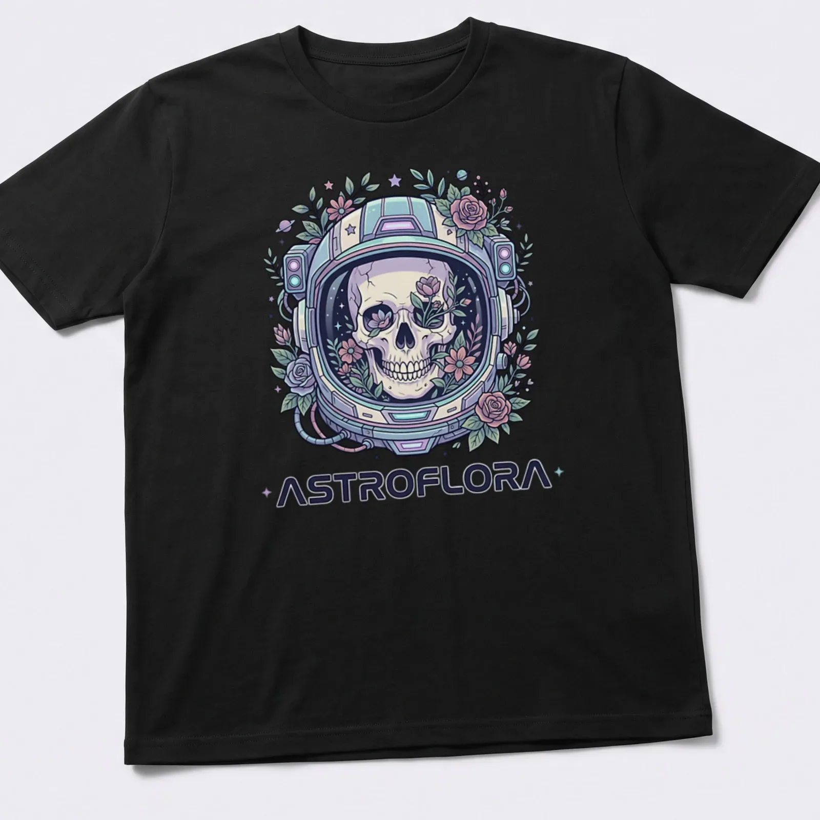 Colorful skull in a space helmet detailed with flowers and pastel colors — printed on a unisex t-shirt