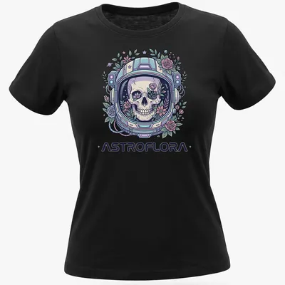 Colorful skull in a space helmet detailed with flowers and pastel colors — printed on a women's shirt
