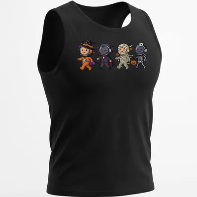 Kawaii astronauts in Halloween costumes with orange, purple, and black hues. — printed on a tank top