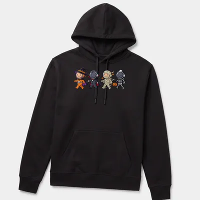 Kawaii astronauts in Halloween costumes with orange, purple, and black hues. — printed on a unisex hoodie