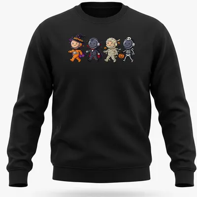 Kawaii astronauts in Halloween costumes with orange, purple, and black hues. — printed on a unisex sweatshirt
