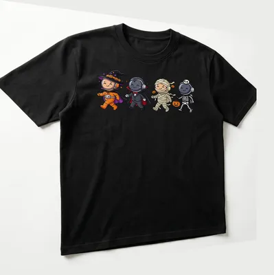 Kawaii astronauts in Halloween costumes with orange, purple, and black hues. — printed on a unisex t-shirt (angled view)