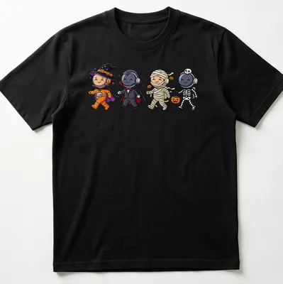 Kawaii astronauts in Halloween costumes with orange, purple, and black hues.