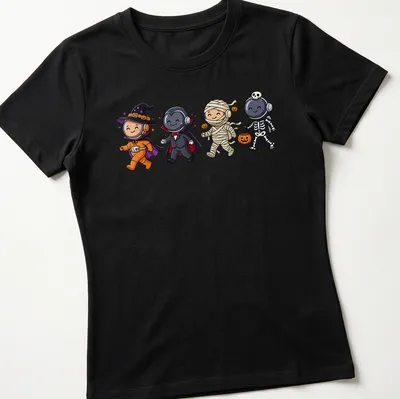 Kawaii astronauts in Halloween costumes with orange, purple, and black hues. — printed on a women's shirt