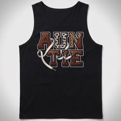 Retro sports design with 'AUNTIE' and football elements in warm colors. — printed on a tank top