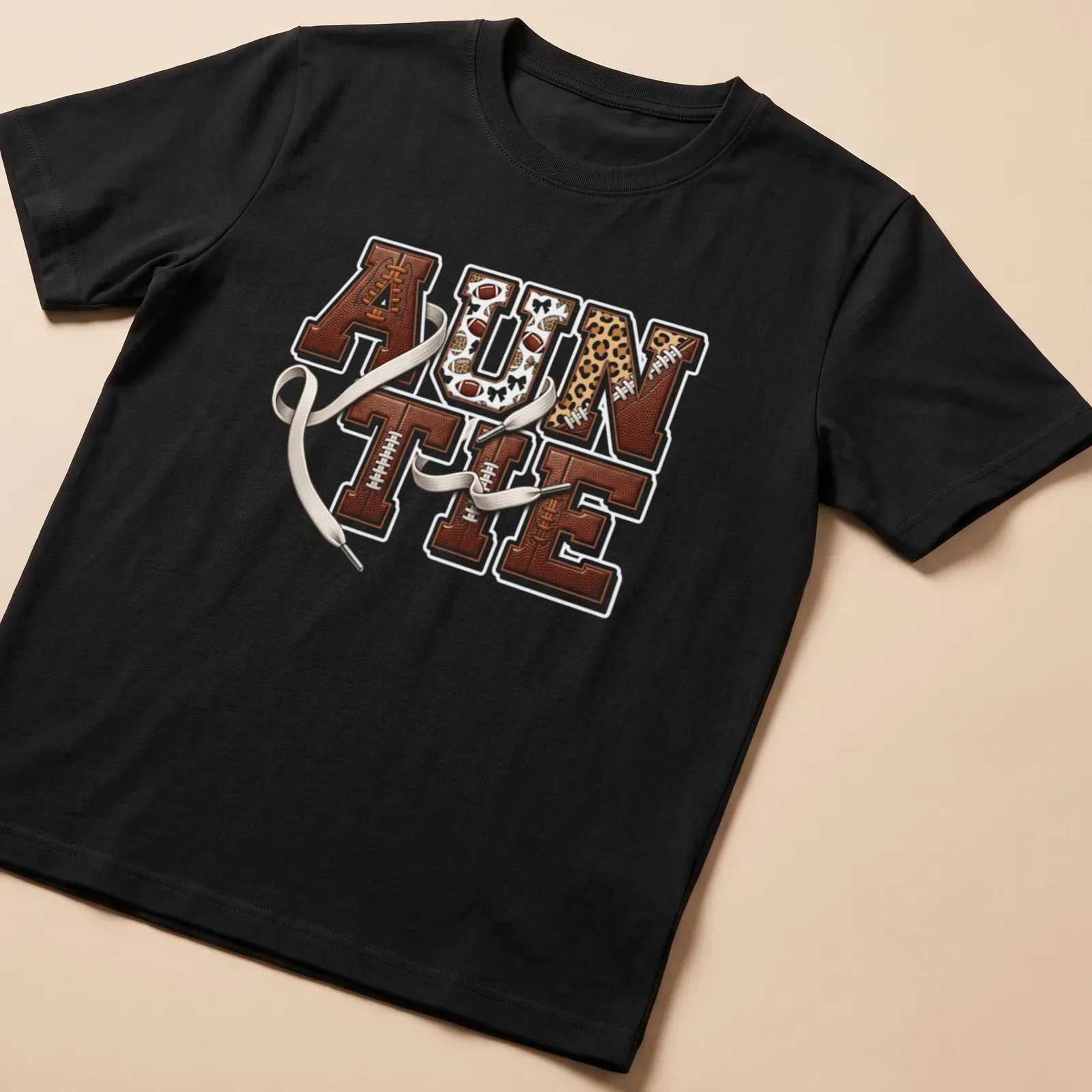 Retro sports design with 'AUNTIE' and football elements in warm colors. — printed on a unisex t-shirt