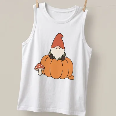 Kawaii gnome sitting on a pumpkin with a mushroom, featuring autumn colors — printed on a tank top