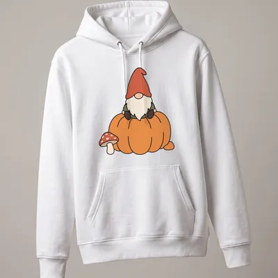 Kawaii gnome sitting on a pumpkin with a mushroom, featuring autumn colors — printed on a unisex hoodie