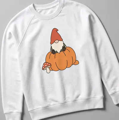 Kawaii gnome sitting on a pumpkin with a mushroom, featuring autumn colors — printed on a unisex sweatshirt