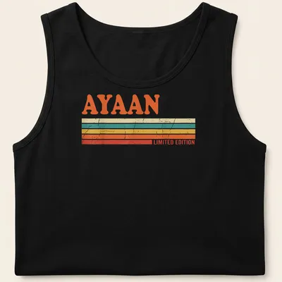 Limited edition Ayaan T-shirt with bold retro stripes in orange, cream, teal, yellow, and red. — printed on a tank top