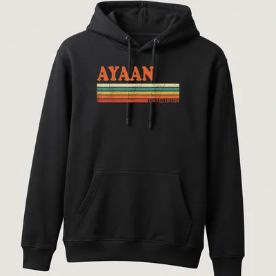 Limited edition Ayaan T-shirt with bold retro stripes in orange, cream, teal, yellow, and red. — printed on a unisex hoodie