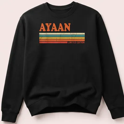 Limited edition Ayaan T-shirt with bold retro stripes in orange, cream, teal, yellow, and red. — printed on a unisex sweatshirt