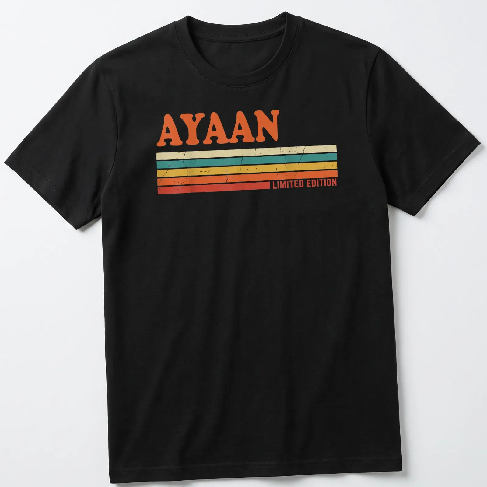 Limited edition Ayaan T-shirt with bold retro stripes in orange, cream, teal, yellow, and red. — printed on a unisex t-shirt