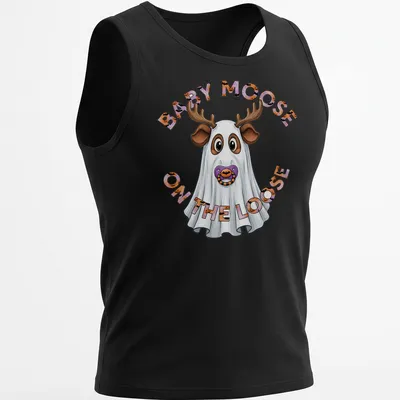 Cartoon baby moose in a ghost costume with Halloween-themed text above. — printed on a tank top