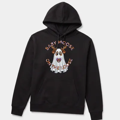 Cartoon baby moose in a ghost costume with Halloween-themed text above. — printed on a unisex hoodie