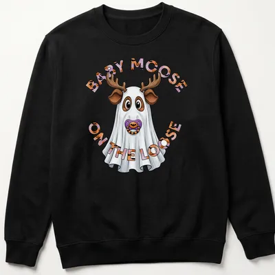 Cartoon baby moose in a ghost costume with Halloween-themed text above. — printed on a unisex sweatshirt