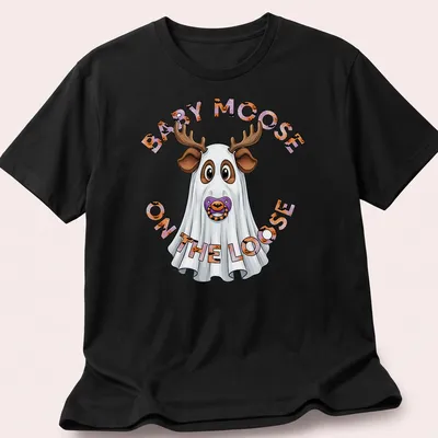 Cartoon baby moose in a ghost costume with Halloween-themed text above.