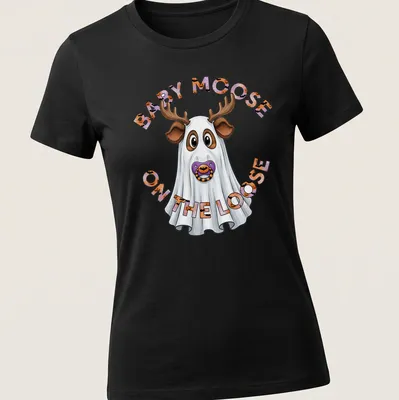 Cartoon baby moose in a ghost costume with Halloween-themed text above. — printed on a women's shirt