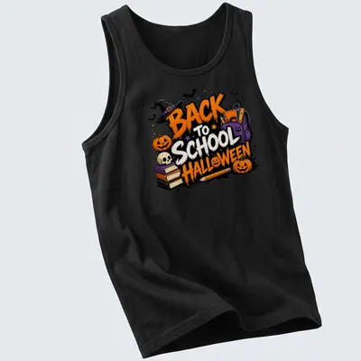 Colorful cartoon Back To School Halloween design with pumpkins and skull — printed on a tank top