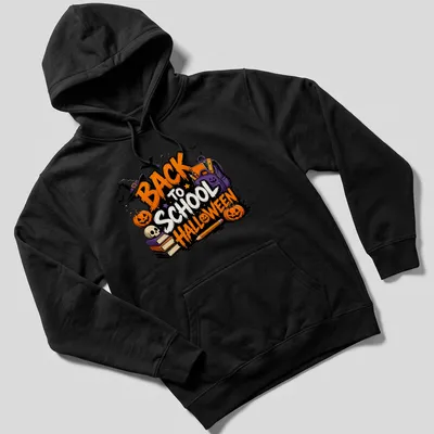 Colorful cartoon Back To School Halloween design with pumpkins and skull — printed on a unisex hoodie
