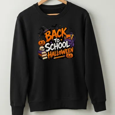 Colorful cartoon Back To School Halloween design with pumpkins and skull — printed on a unisex sweatshirt