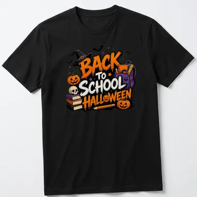 Colorful cartoon Back To School Halloween design with pumpkins and skull