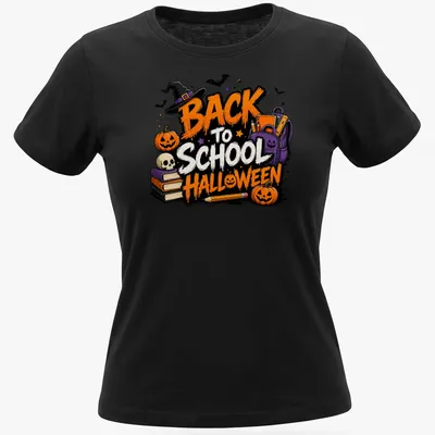 Colorful cartoon Back To School Halloween design with pumpkins and skull — printed on a women's shirt