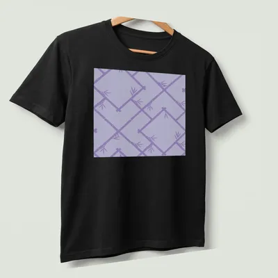 Lilac purple bamboo lattice pattern shirt in chinoiserie style. — printed on a unisex t-shirt (angled view)