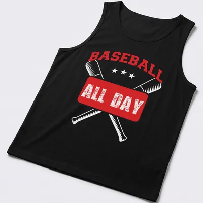 Distressed red baseball tee with bold white lettering proclaiming 'BASEBALL ALL DAY' — printed on a tank top