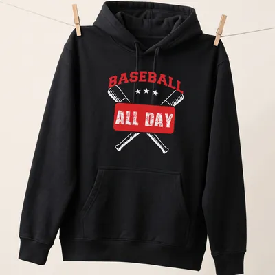 Distressed red baseball tee with bold white lettering proclaiming 'BASEBALL ALL DAY' — printed on a unisex hoodie
