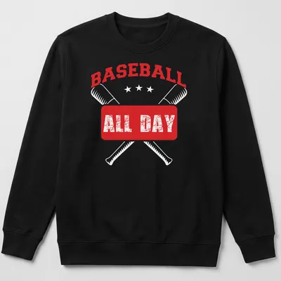 Distressed red baseball tee with bold white lettering proclaiming 'BASEBALL ALL DAY' — printed on a unisex sweatshirt