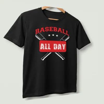 Distressed red baseball tee with bold white lettering proclaiming 'BASEBALL ALL DAY' — printed on a unisex t-shirt (angled view)