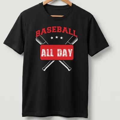 Distressed red baseball tee with bold white lettering proclaiming 'BASEBALL ALL DAY'