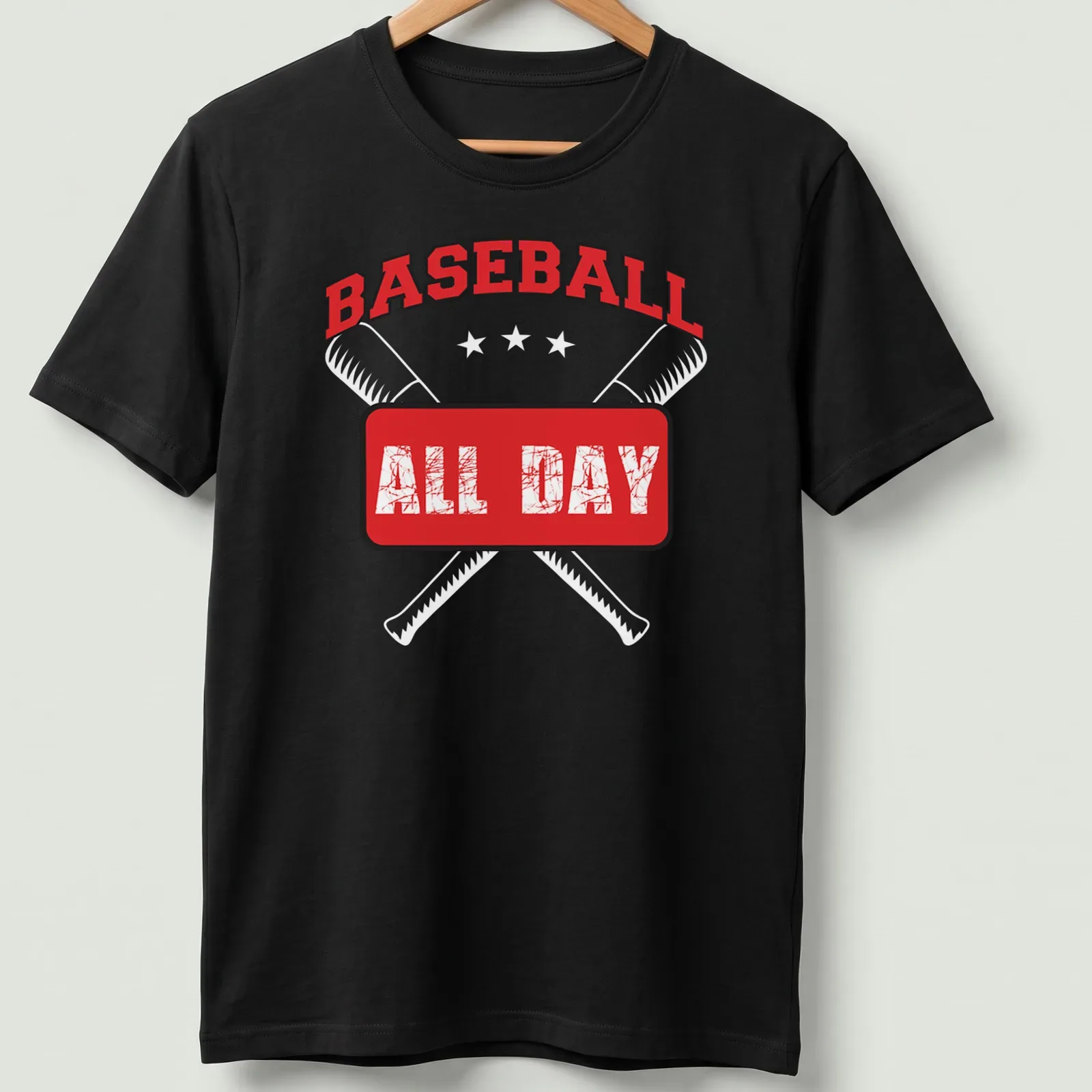 Distressed red baseball tee with bold white lettering proclaiming 'BASEBALL ALL DAY' — printed on a unisex t-shirt