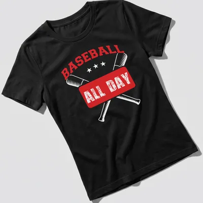 Distressed red baseball tee with bold white lettering proclaiming 'BASEBALL ALL DAY' — printed on a women's shirt