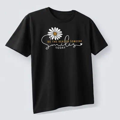 Modern script t-shirt with uplifting quote and floral design — printed on a unisex t-shirt (angled view)
