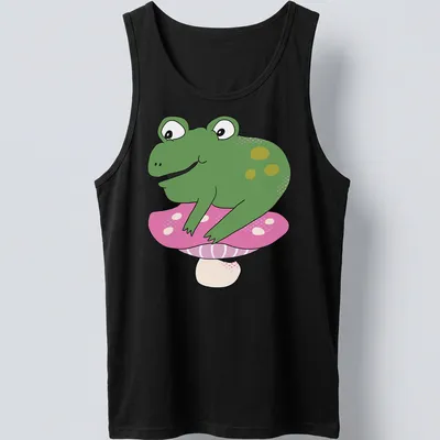 Cartoon frog sitting on a colorful toadstool, designed for kids — printed on a tank top