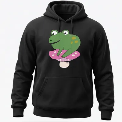 Cartoon frog sitting on a colorful toadstool, designed for kids — printed on a unisex hoodie