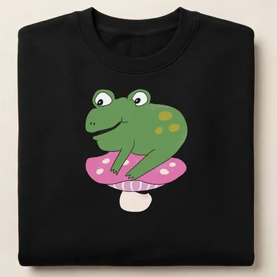 Cartoon frog sitting on a colorful toadstool, designed for kids — printed on a unisex sweatshirt