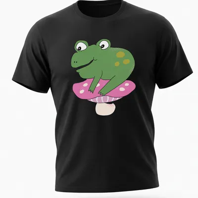 Cartoon frog sitting on a colorful toadstool, designed for kids