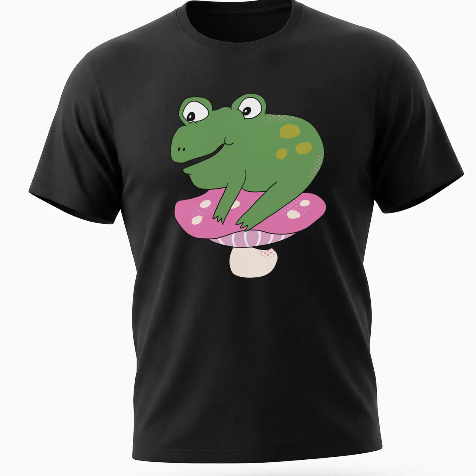 Cartoon frog sitting on a colorful toadstool, designed for kids — printed on a unisex t-shirt