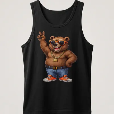 Cartoon bear with sunglasses and peace sign in vibrant colors — printed on a tank top
