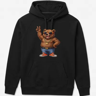 Cartoon bear with sunglasses and peace sign in vibrant colors — printed on a unisex hoodie