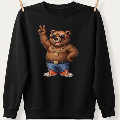 Cartoon bear with sunglasses and peace sign in vibrant colors — printed on a unisex sweatshirt