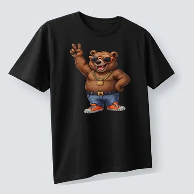 Cartoon bear with sunglasses and peace sign in vibrant colors — printed on a unisex t-shirt (angled view)