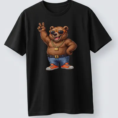 Cartoon bear with sunglasses and peace sign in vibrant colors