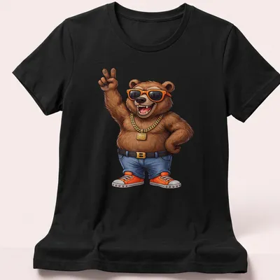 Cartoon bear with sunglasses and peace sign in vibrant colors — printed on a women's shirt